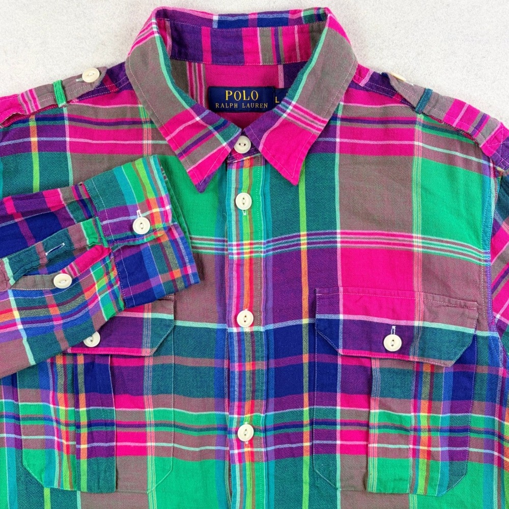 Polo Ralph Lauren Mens Large Madras Plaid Button Shirt Pink Green Epaulettes